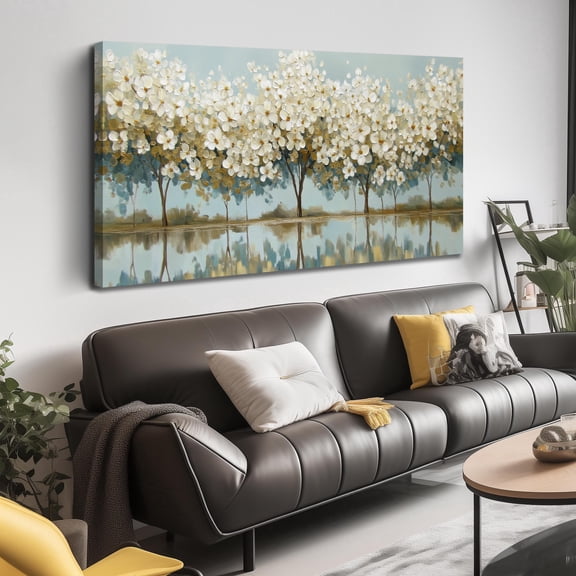 White Flower Tree Canvas Wall Art, Neutral Floral with Lake Reflection Print Wall Decor, 48x24 Inches Botanical Picture for Living Room Bedroom Farmhouse Home Decoration
