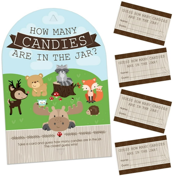 Big Dot of Happiness Woodland Creatures - How Many Candies Baby Shower or Birthday Party Game - 1 Stand and 40 Cards - Candy Guessing Game