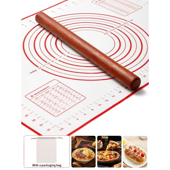 RYLZX 16In French Wood Rolling Pin & 28x20" Silicone Baking Mat Set - Tapered for Dough, Fondant, Cookies - Nonstick with Measurements - Essential Baking Kit