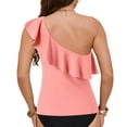 thumbnail image 4 of Jdkau Women's One Shoulder Tankini Tops Ruffle Tummy Control Bathing Suits Swimsuit Beach Resort Wear（Pink,S）, 4 of 6