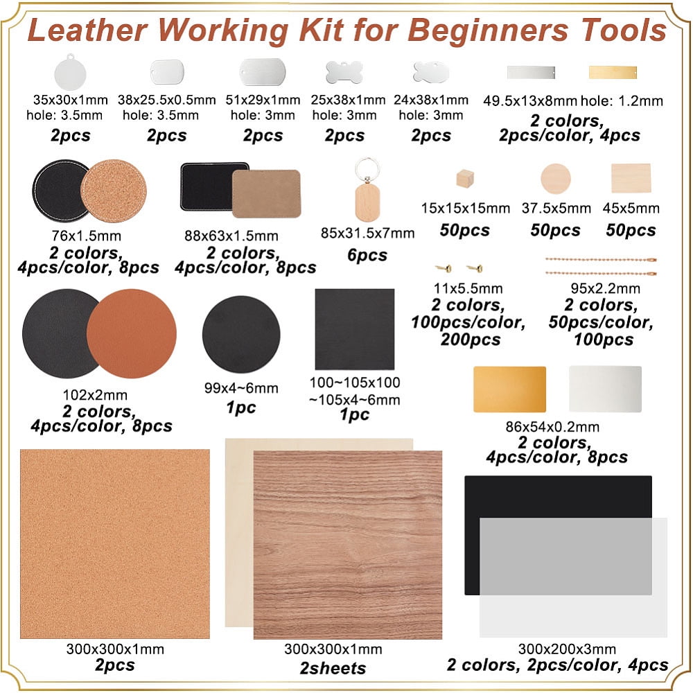 Leather Working Kit for Beginners Tools Including Acrylic Plate 304 Stainless Steel Black Stone Cup Mat Iron Ball Chains Wood Tags Blank