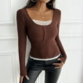 thumbnail image 2 of CIENVNSTG Women Lace Patchwork Ribbed Knit Tee Scoop Neck Casual Slim Fit Long Sleeve Crewneck Button Up Ruched Crop T-Shirts Coffee M, 2 of 7