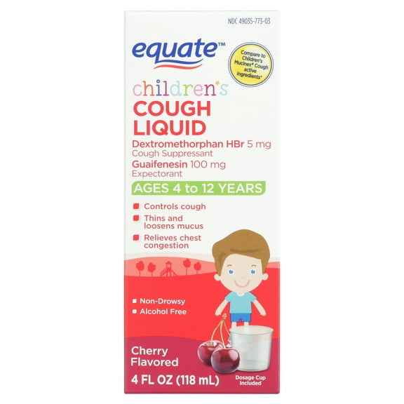 Equate Children's Cough Liquid, Cherry Flavor, Ages 4 to 12 Years, 4 fl oz, Compare to Children's Mucinex® Cough Active Ingredients