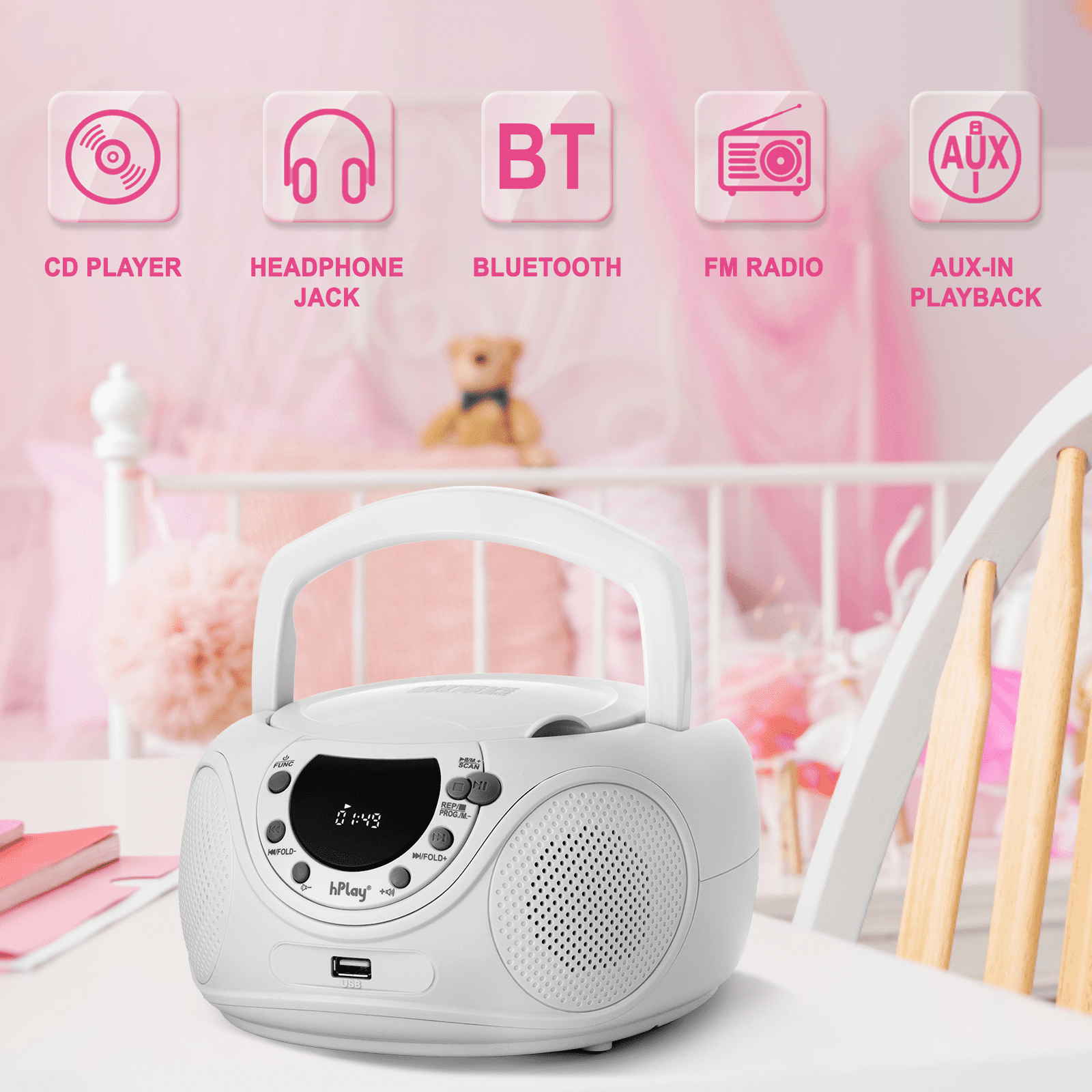 hPlay P16 Portable CD Player Boombox with Bluetooth, FM Digital Radio, USB/MP3 Playback, Aux-in & Headphone Jack - AC/Battery Powered Stereo System (White)