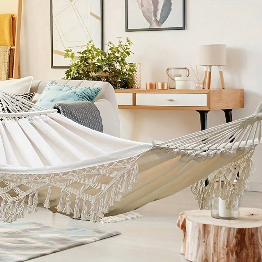 Portable Swing Hammock Made Of Hand- Rope. Thickened And Widened Double Canvas Hammock With Anti-Slip Design, White Bohemian Tassels. Ideal For Outdoor Patios And Camping