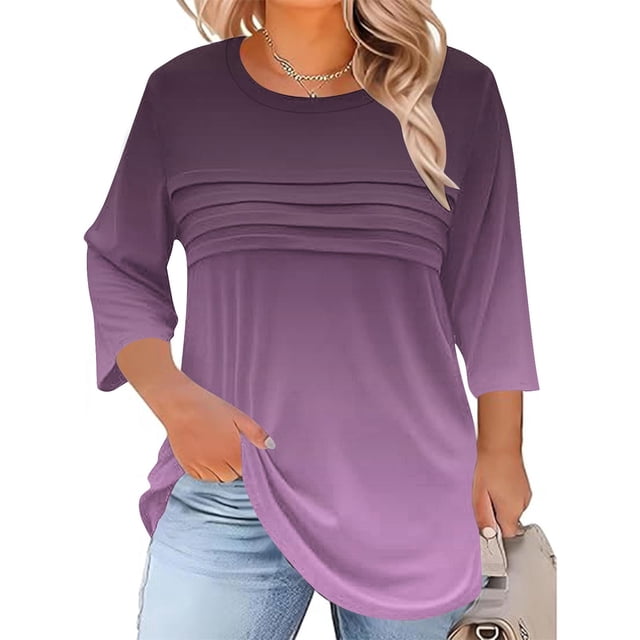 Neewe Womens Plus Size Tops 3/4 Sleeve Shirts Crewneck Pleated Blouses Dressy Casual Fashion Tunic Top (1X-5X)