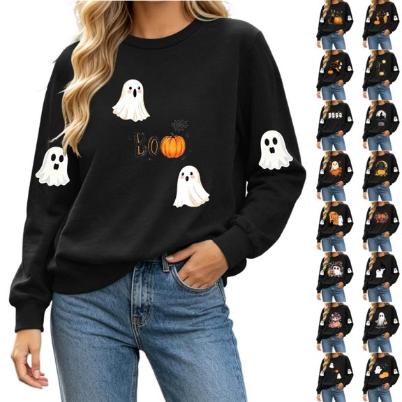 Byworldtasic Halloween Spooky Season Shirt for Women Cute Ghost Long-Sleeve Pullover Tops Lightweight Sweatshirt