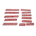 thumbnail image 1 of 12 etiquetas para caja de herramientas. Versátiles y fáciles de instalar. Etiquetas metálicas para cajones, armarios y almacenamiento en garaje. Rojo, 1 of 8