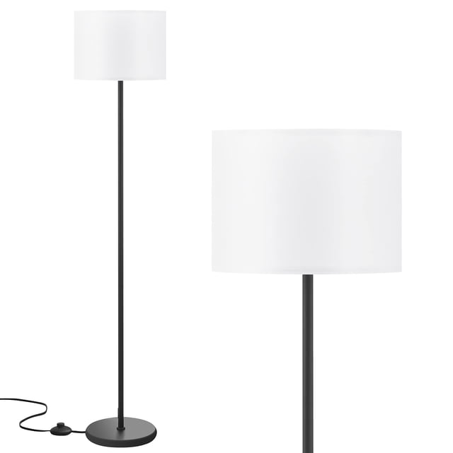 lámpara de pie led ambimall, diseño simple con pantalla blanca Vista frontal centrada de lámpara de pie Ambimall con pantalla cilíndrica blanca, poste delgado y base redonda negra pesada, cable negro con interruptor de pedal visible; para sala y dormitorio, compatible con bombilla base E26 (bombilla no incluida).