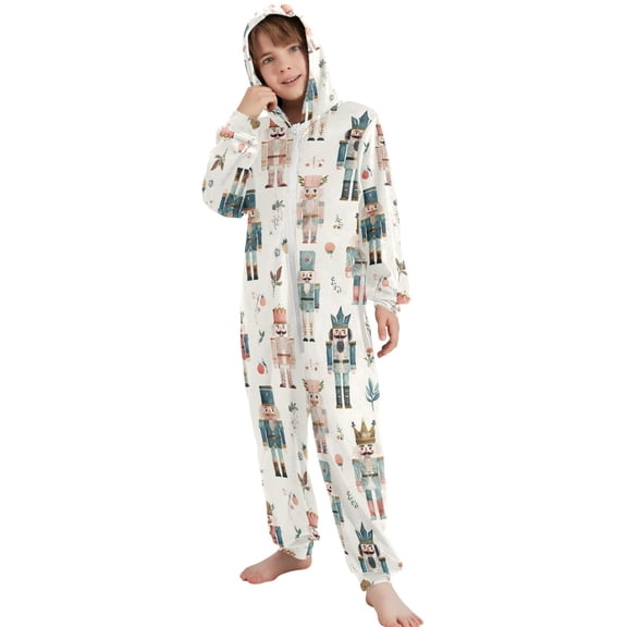 JOOGOO Nutcracker Soldiers Christmas Pattern Unisex Onesie Pajamas Jumpsuit Kids One-Piece Hooded Sleepwear 7-8T