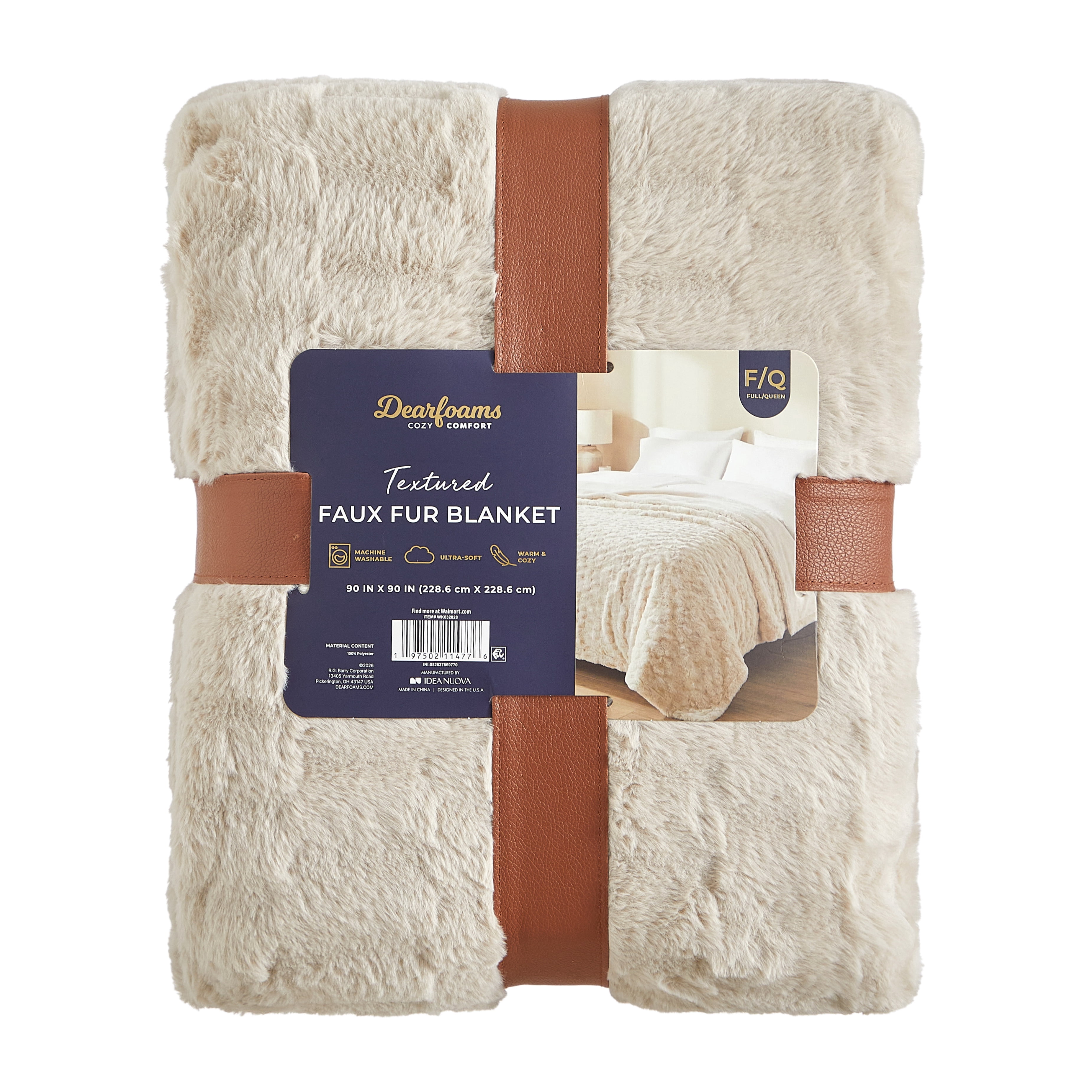 Dearfoams Textured Faux Fur Reversible Mink Bed Blanket, Beige, Full/Queen, 90 x 90 in