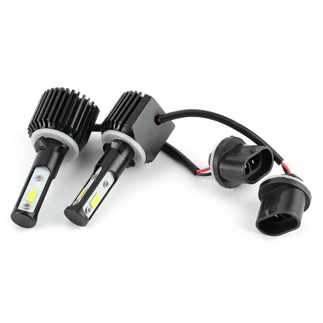 br 120w 6000k 3000lm led faro H27/880 reemplazo de bombilla de luz delantera 12-24v ip68 impermeable par de bombillas LED H27/880 con disipadores de aluminio acanalados, emisores cilíndricos con chips 3570 visibles, cable integrado y conectores de enchufe; toma frontal en ángulo que muestra tamaño compacto 1:1 y diseño plug-and-play, aptas para DRL o luces antiniebla.