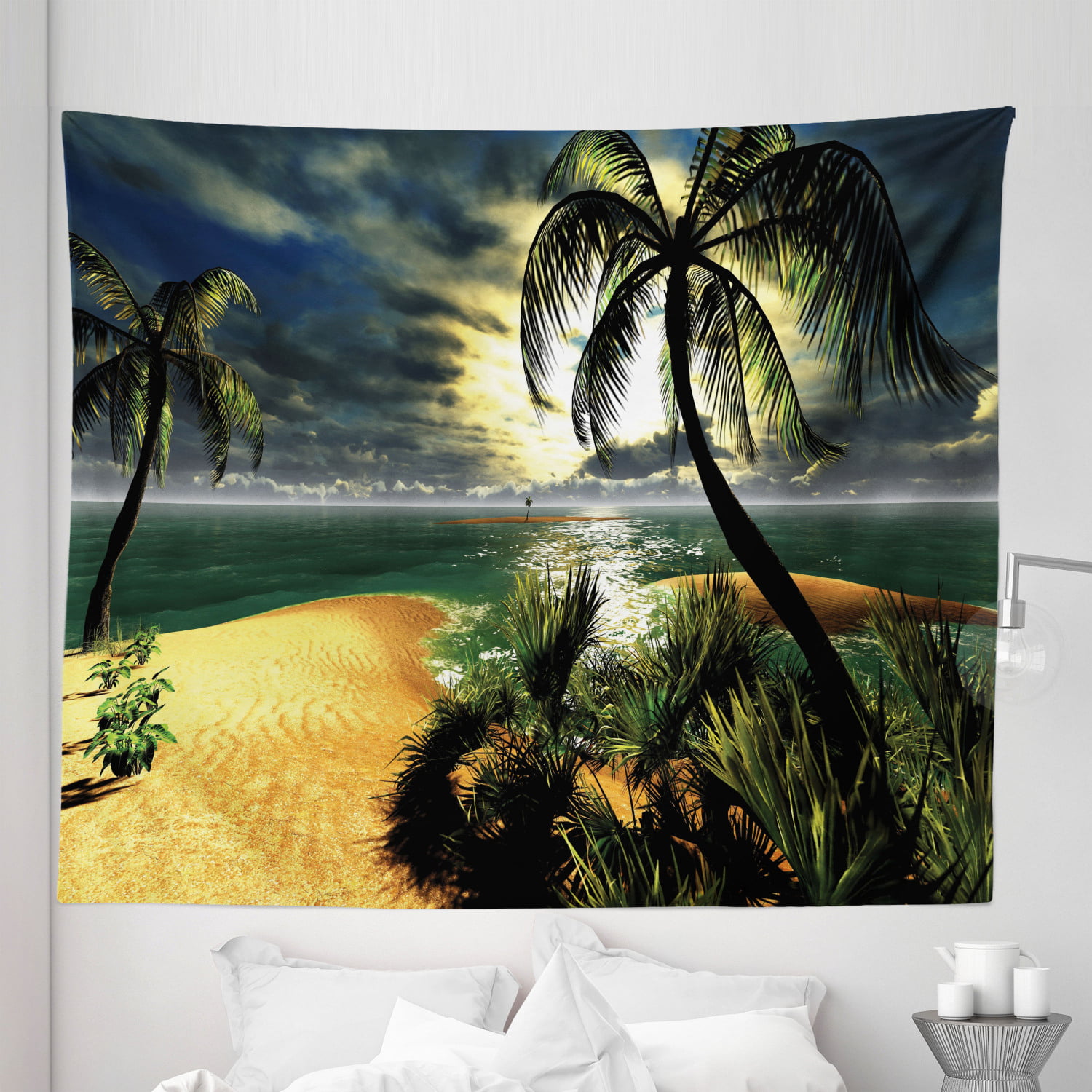 Sun Beach Palm Trees Polyester FabricTapestry Wall Hanging Mural Decor Blanket 
