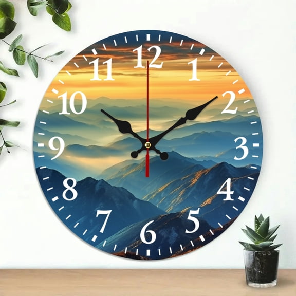 PRATYUS 10 Inch Mountain Range Sunset Clouds Wooden Wall Clock 10x10in