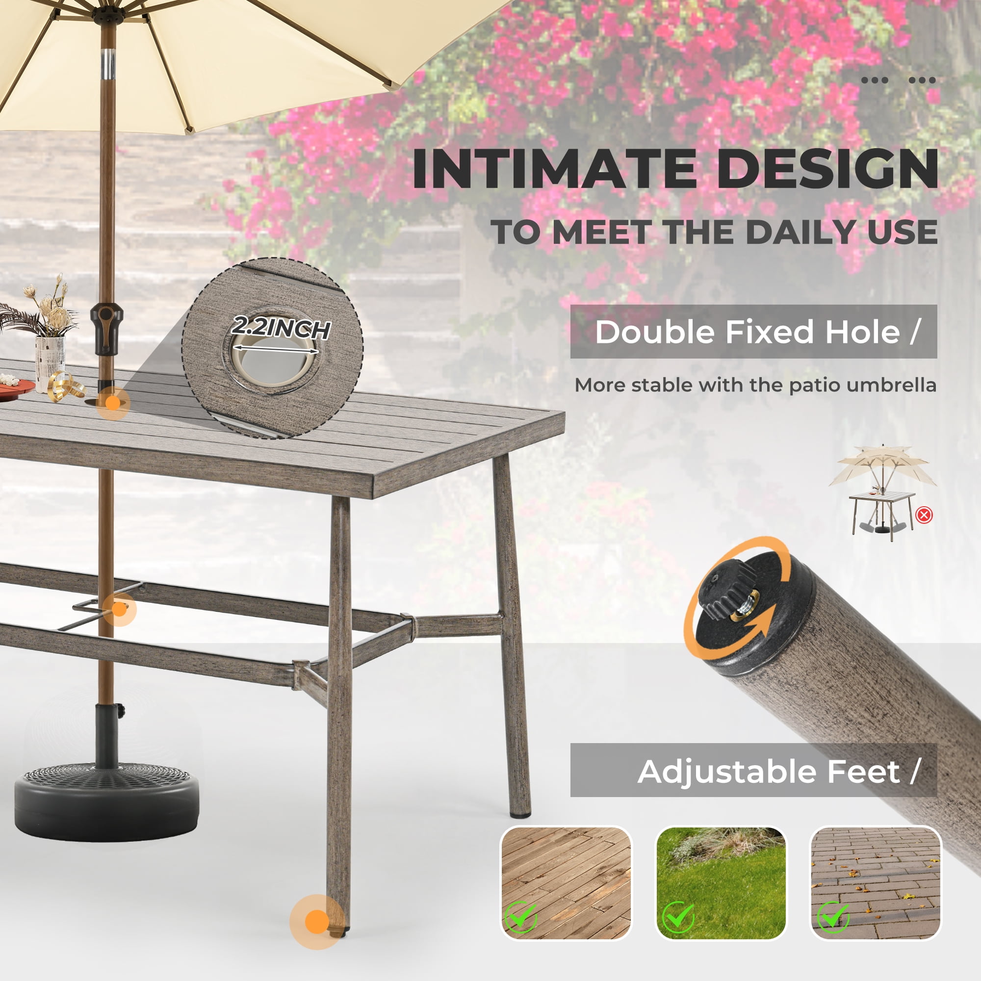 HAPPATIO 7-Piece Outdoor Dining Set for 6, Aluminum Patio Dining Setcludes 6 Swivel Dining Chairs and 1 Large Rectangular Table with Umbrella Hole, Patio Furniture Set for Lawn, Porch, Grey