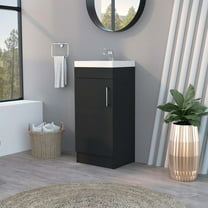 Homestock Southwestern Style Bathroom Vanity with Metal Handle, Sink, and Single Door Cabinet, 15.74" x 12.99" x 34.64", Black