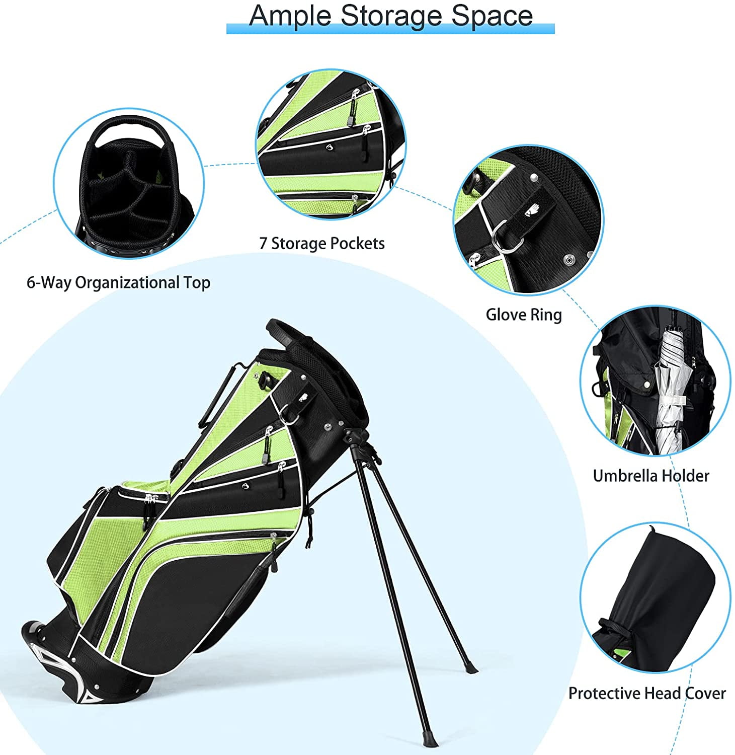 ZJTER Golf Stand Bag with 6 Way Top Dividers, Lightweight Golf Bag with Adjustable Dual Strap & 8 Pockets, Waterproof Rain Hood, Portable for Men Women