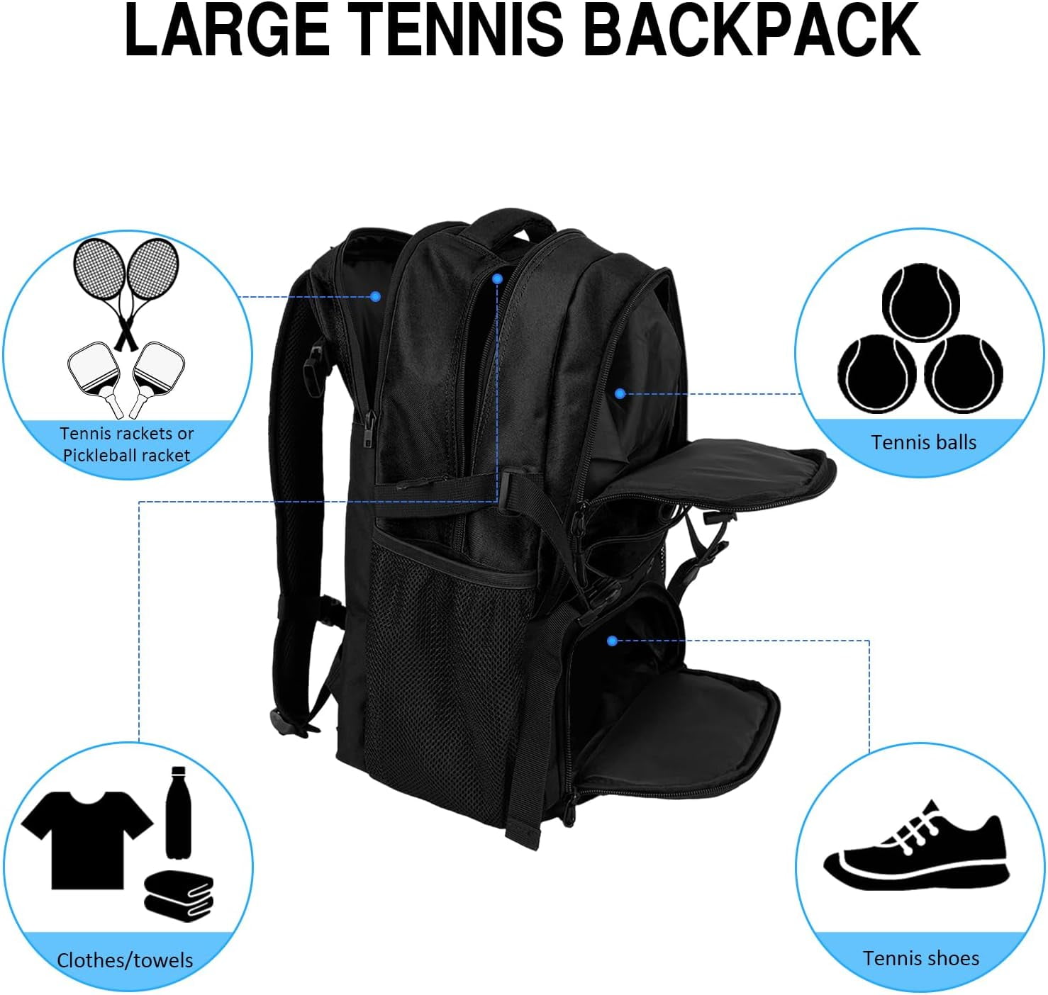WOLT Tennis Racquet Sports Backpack Bag, 34L Capacity, Polyester with Ventilated Shoe Compartment, Black