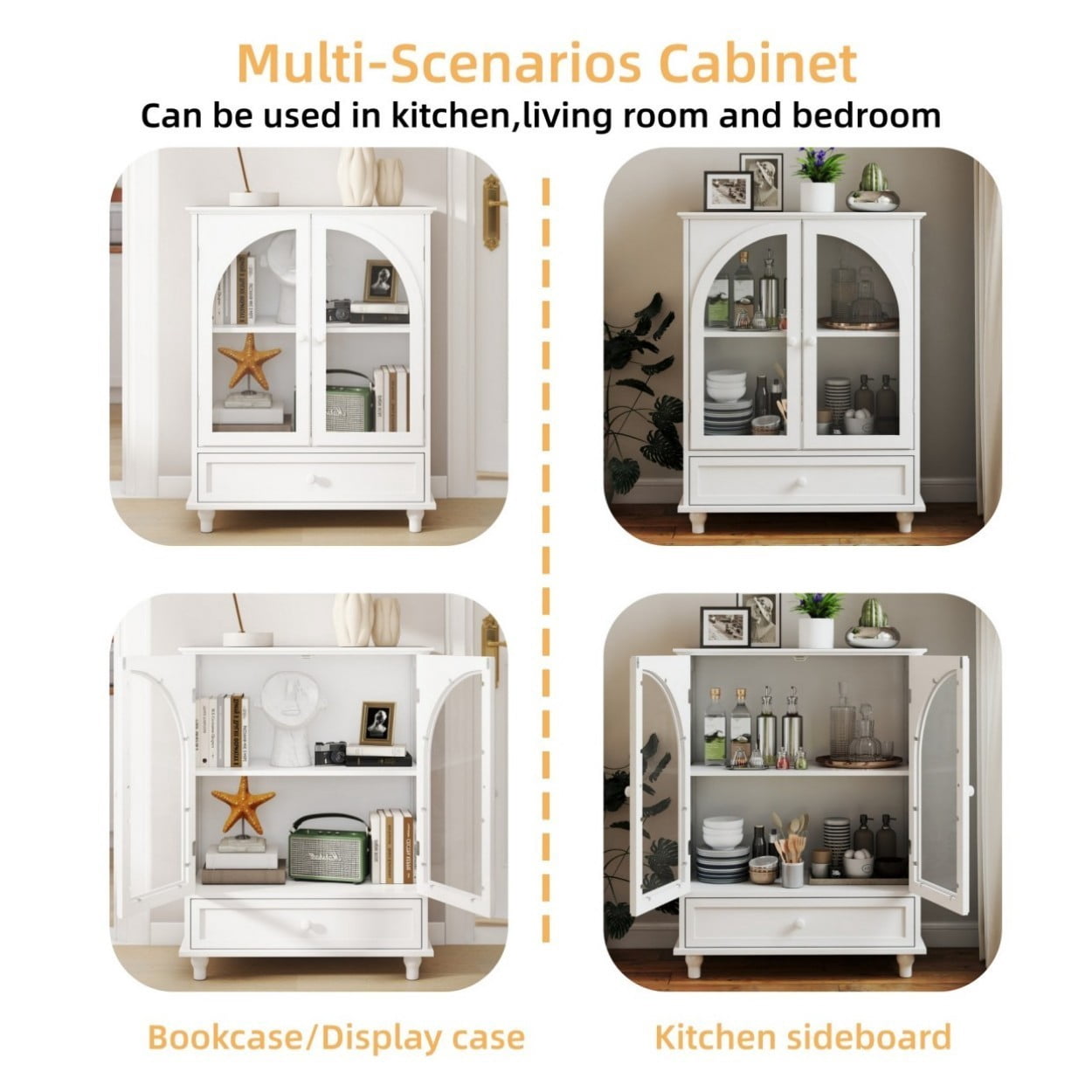 Arched Glass Door Sideboard Cabinet, Farmhouse Buffet Storage Cabinet with Drawer & Tiered Top, White Kitchen Pantry Cabinet for Living Room Coffee Bar, White