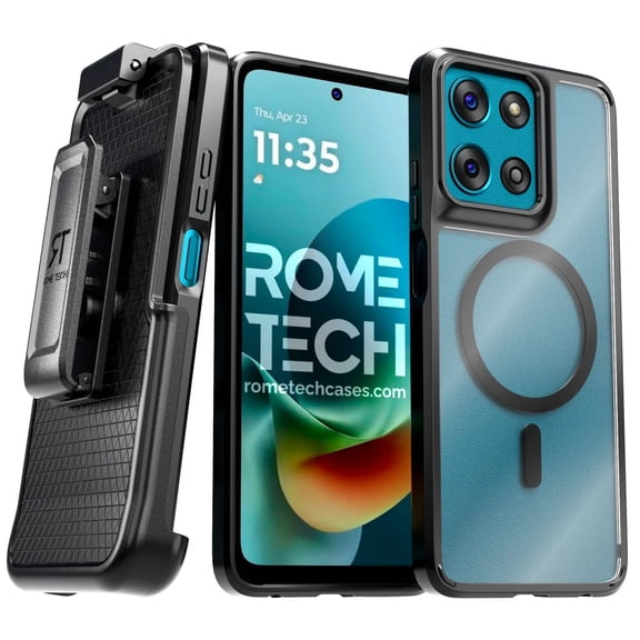 Rome Tech Case with Belt Clip and Detachable Holster Clear Protective Phone Case with Magnetic Function For Moto G Play 2026 and G 2025 - Clear & Black