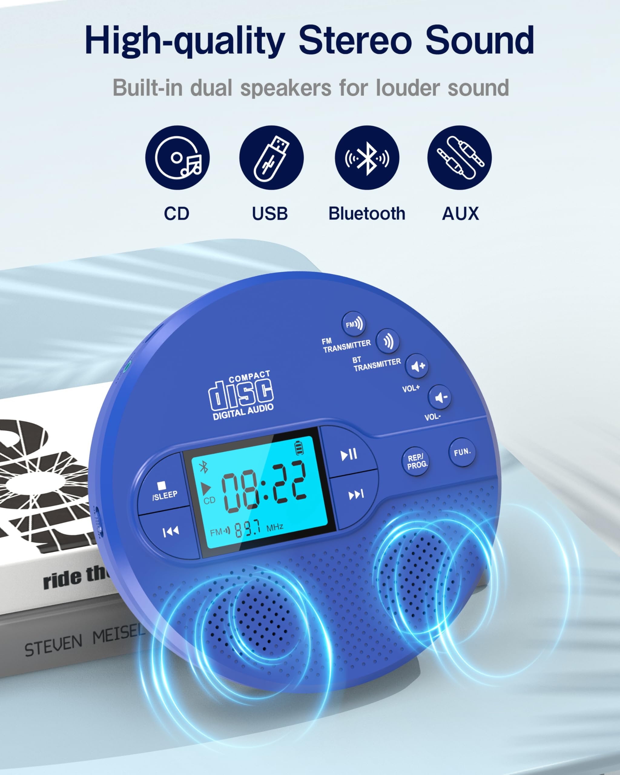 NEW 2026 CD Player Portable with Bluetooth, Greadio 2000mAh Rechargeable Discman CD Player for Car（Blue)