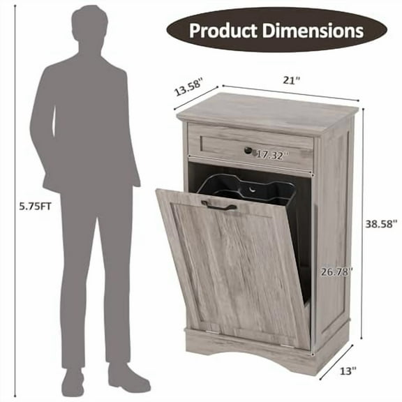 Spurgehom Trash Cabinet,Tilt Out 13 Gallon Wooden FreeStanding Waste Bins Cabinet with Hidden Drawer,Kitchen Island with Pet Proof Trash Can Storage(Grey)