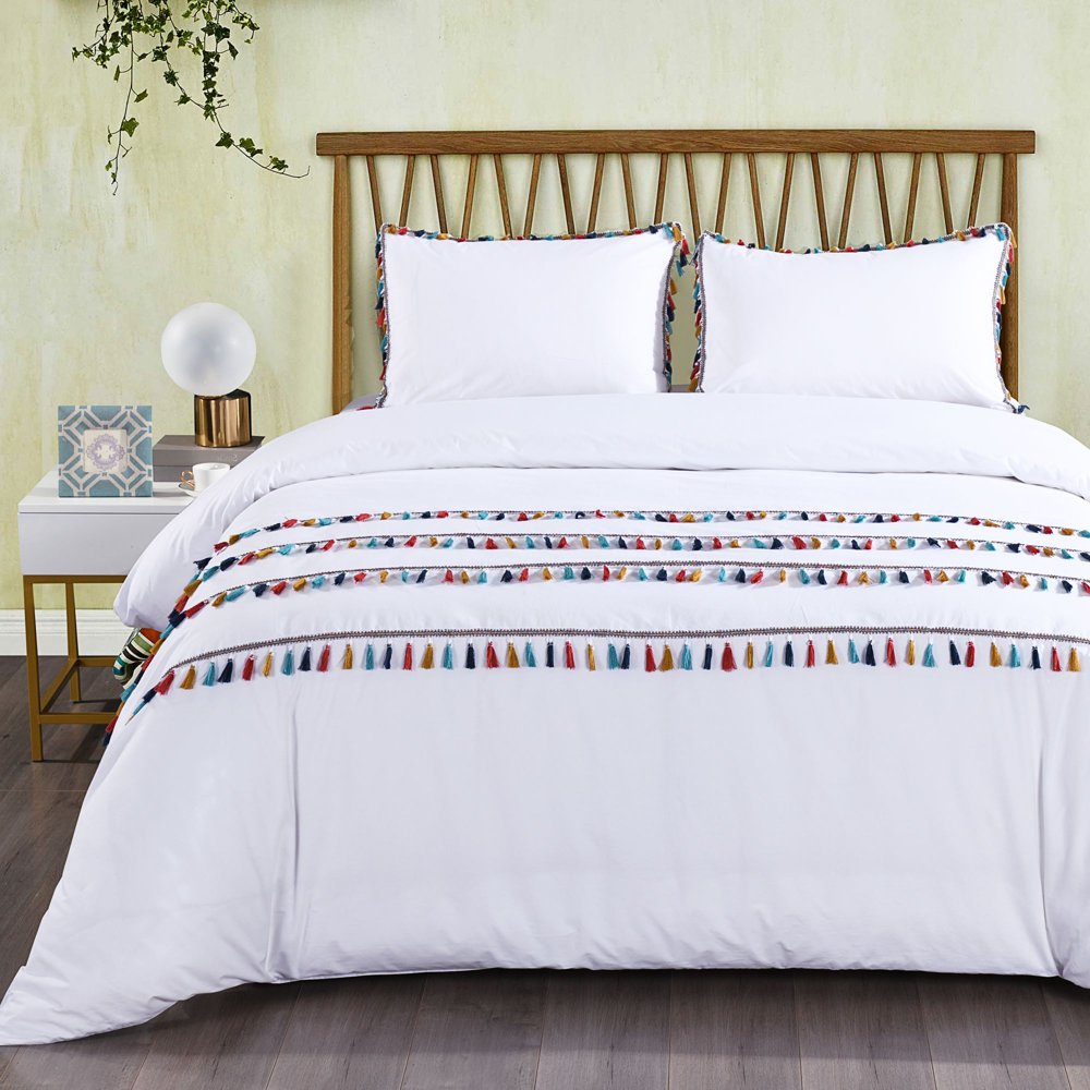 California Design Den Boho Tassled Duvet Cover Set Cotton White, Full