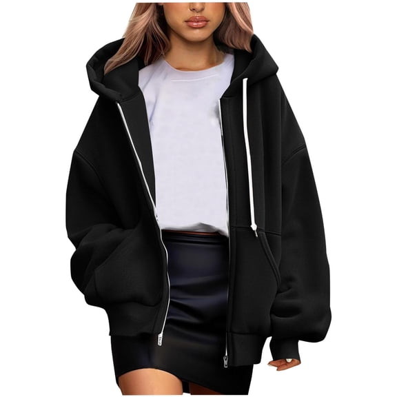 Womens Winter Cute Hoodies Solid Color Pockets Zipper Long Sleeved Regular Hooded Black Sweater Jacket Sizes S-2XL