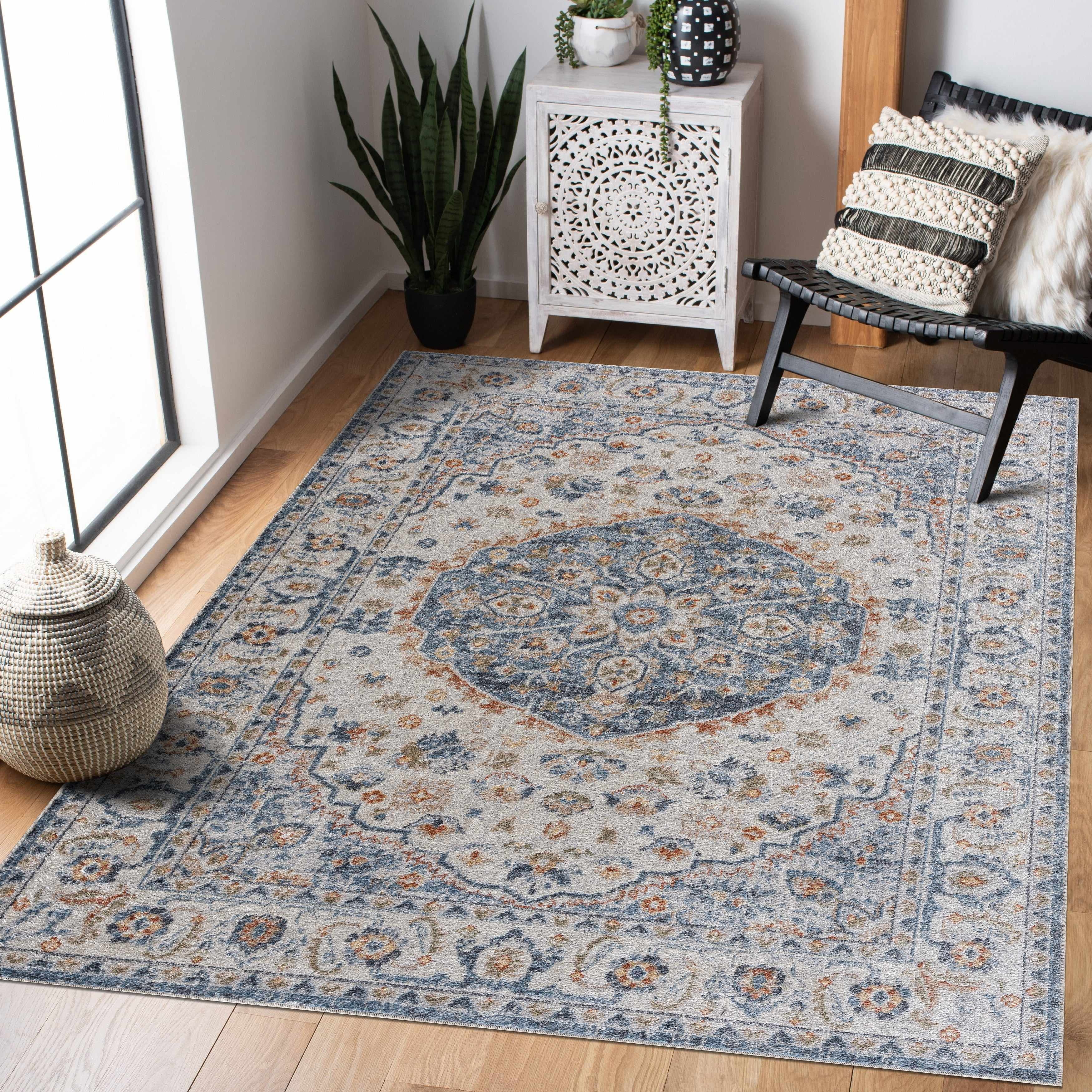Hauteloom Hiti Living Room, Bedroom Machine Washable Area Rug - Traditional Oriental Medallion Carpet - Blue, Orange, Gray, Beige, Cream - 5'3" x 7'