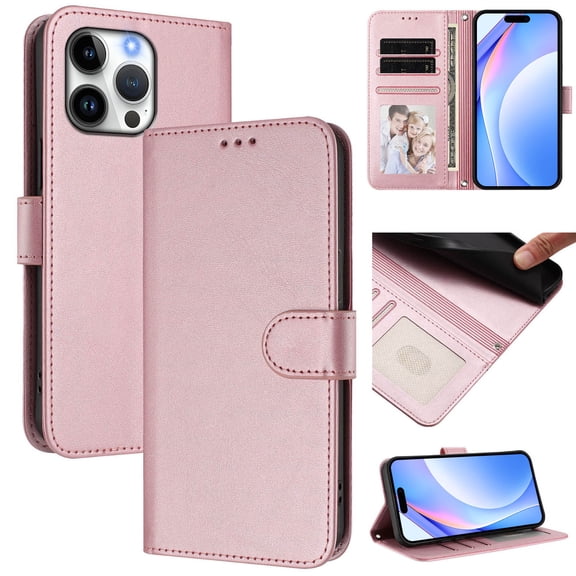 Wallet Case For iPhone 15 Pro [RFID Blocking Protection] Premium PU Leather Folio Magnetic Clasp Card Holder/Cash Slot Flip Kickstand Shockproof Phone Cover with Wrist Strap,Rosegold