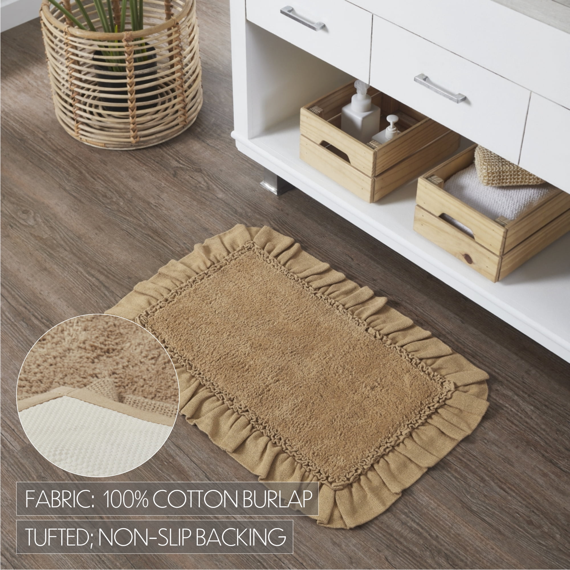 VHC Brands Burlap Ruffled Bath Mat, Natural Tan, 20x30