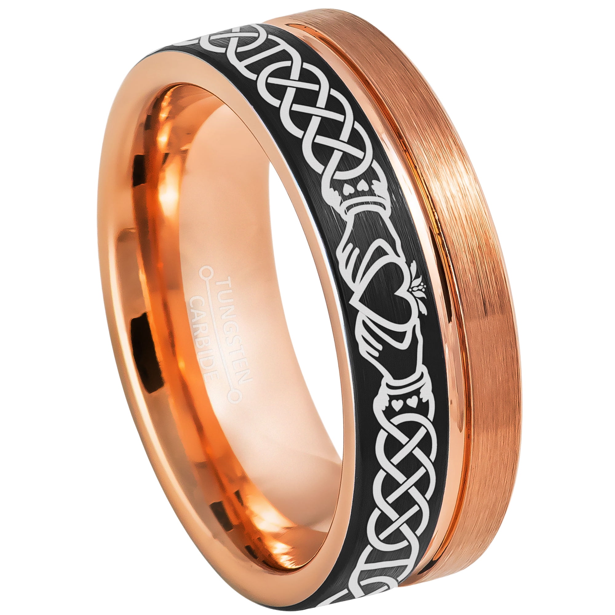 Celtic Claddagh Tungsten Ring - 2-Tone Black IP & Rose Gold Pipe Cut Tungsten Carbide Wedding Band - Comfort Fit Anniversary Ring - #867s13