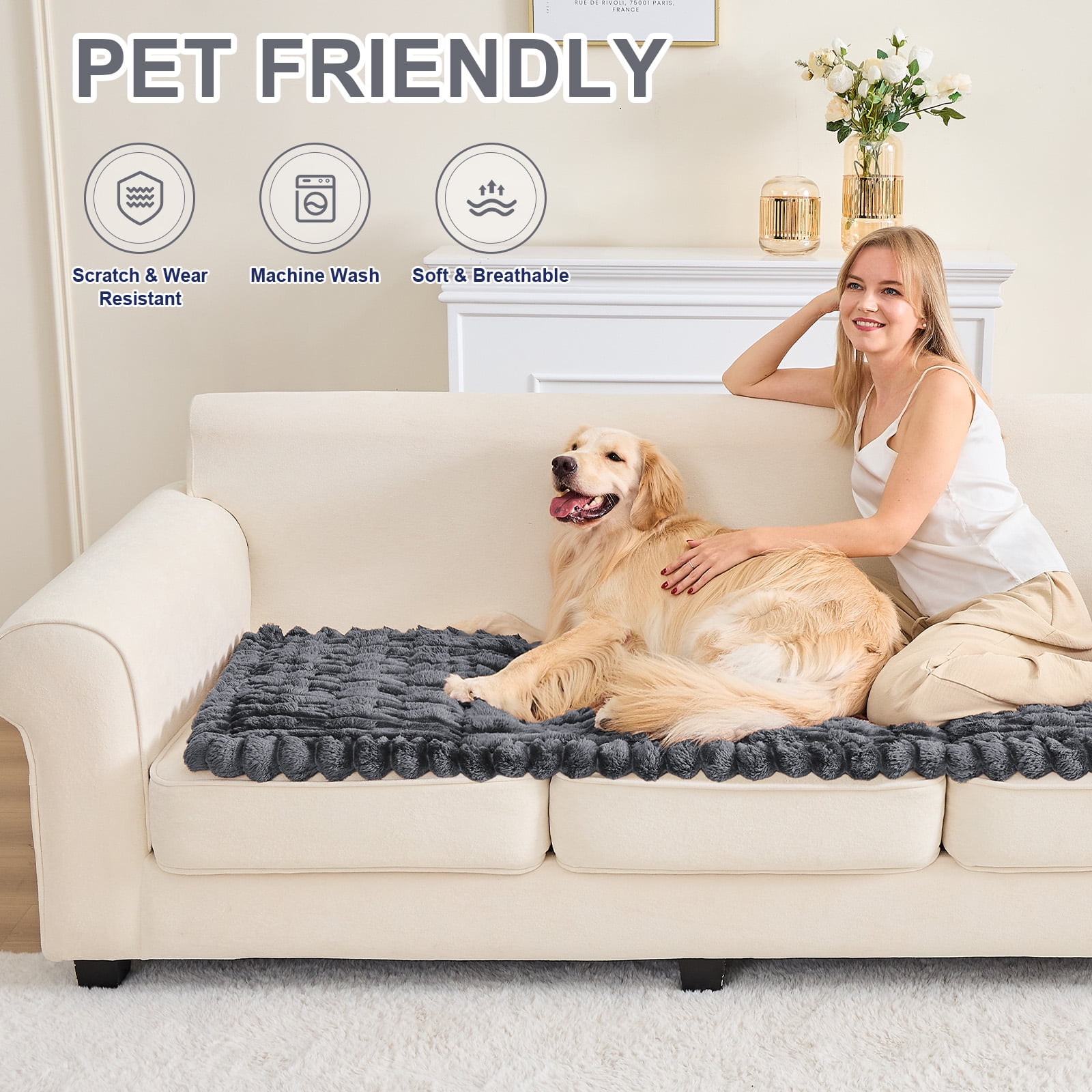 SANMADROLA Waterproof Couch Cover for Dogs Washable, Non-Slip Fuzzy Loveseat Slipcovers, Thick Soft Dog Bed Mat for 2 Cushion Sofa Pet Friendly Furniture Protector, Dark Gray, 28" x 83"