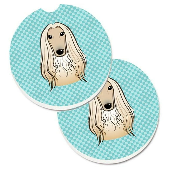 Checkerboard Blue Afghan Hound Set of 2 Cup Holder Car Coaster
