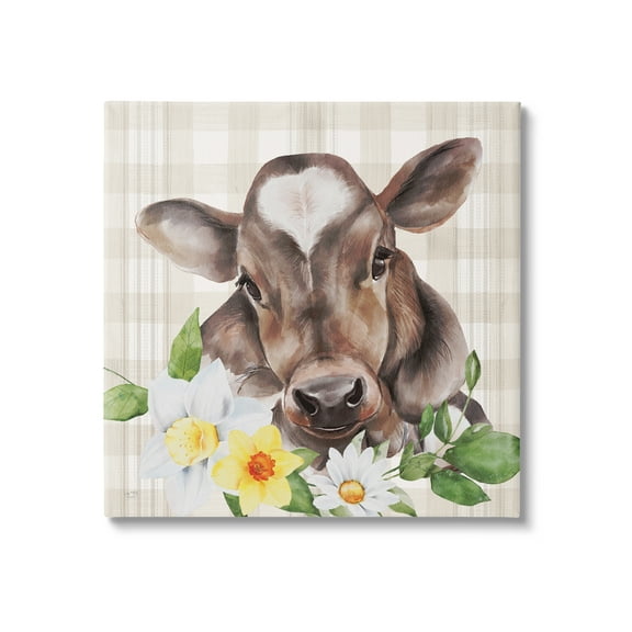 Stupell Country Gingham Floral Cow Animals & Insects Painting Gallery Wrapped Canvas Print Wall Art