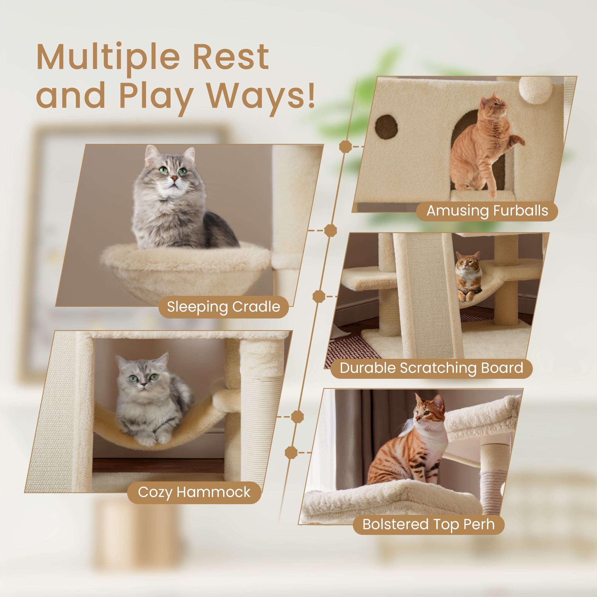 Merrland 65.7 " Large Cat Tree Tower Condo for Cats with 2 Scratching Ramps, Hammock & Scratching Posts, Beige