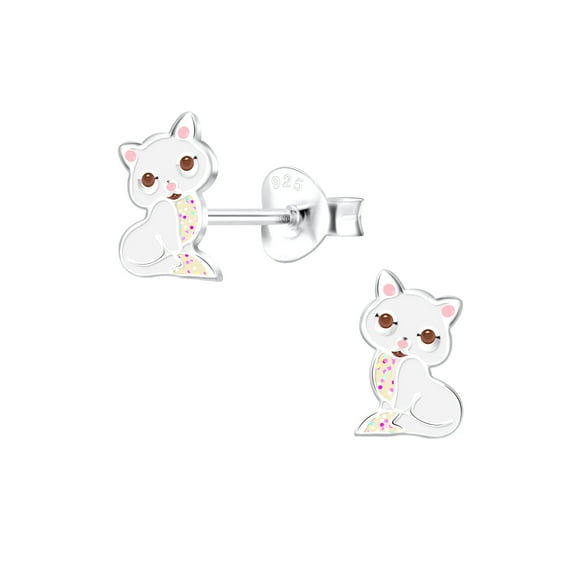 925 Sterling Silver White Cat Stud Earrings