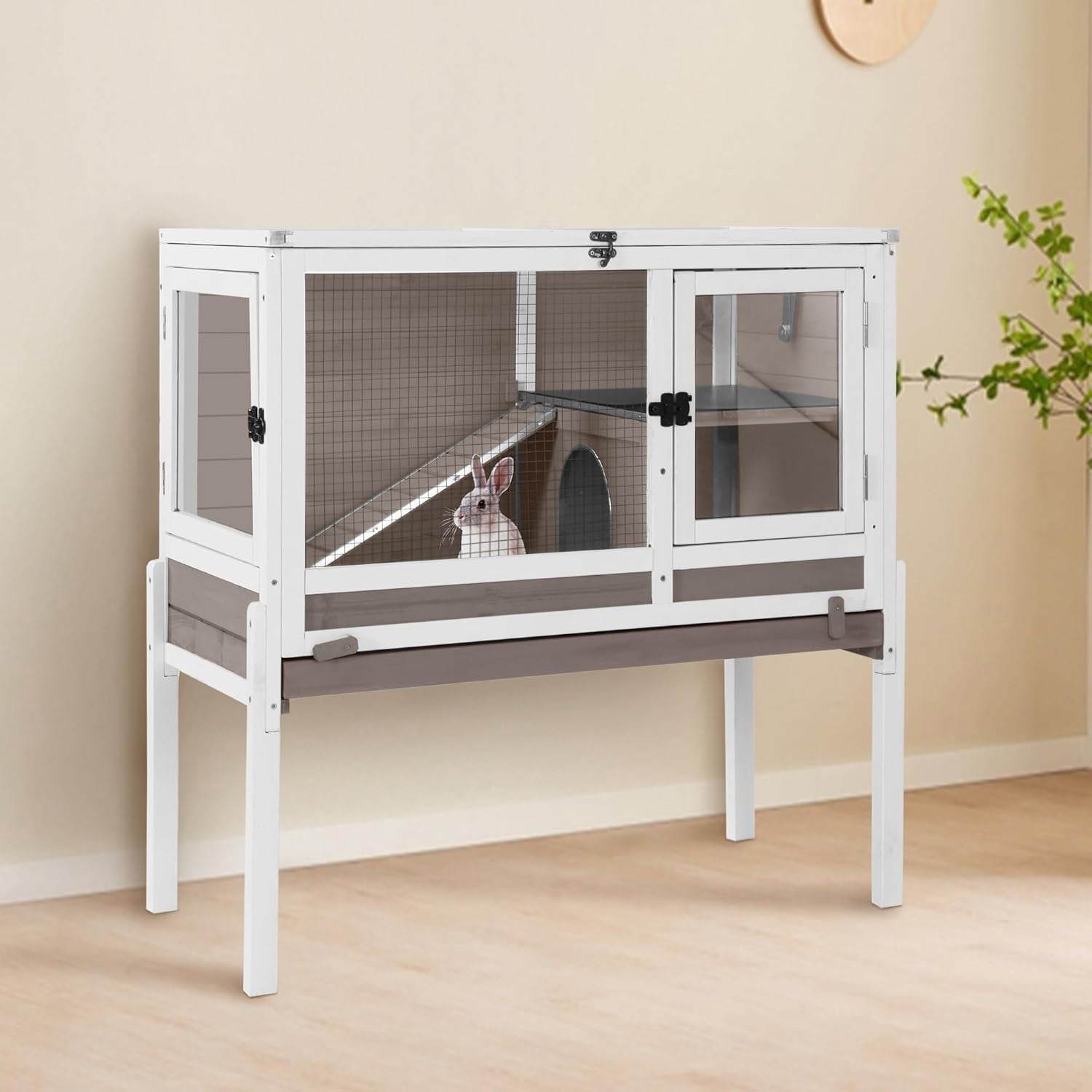 Aivituvin Guinea Pig Cage Indoor Rabbit Hutch with Chew-Proof Edges - Brown