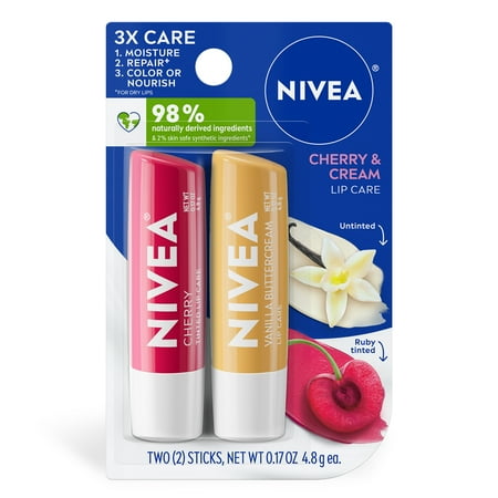 NIVEA Cherry and Cream Lip Care, Flavored Lip Balm Set, 0.17 oz Stick, Pack of 2