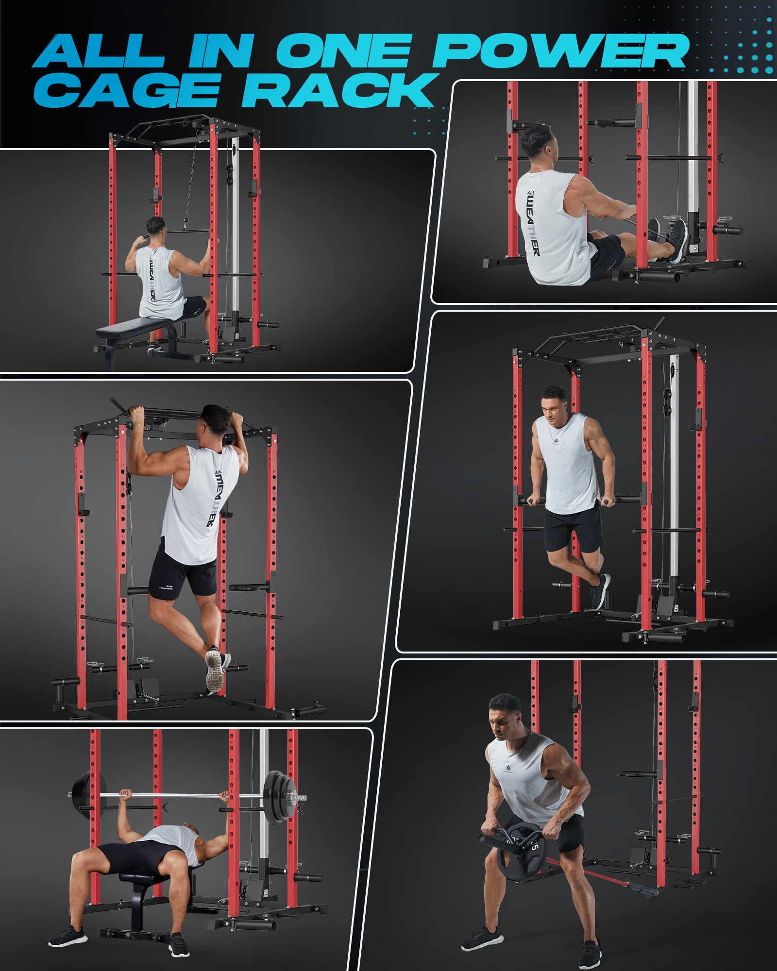 All-in-1 Power Cage with Pulley System,1200LBS Multi-Functional Squat Rack for Home Gym,Weight Cage Includes LAT Pulldown,Dip Bars and More Attachments,Strength Training Equipment