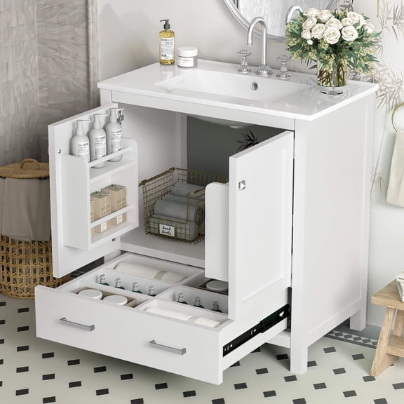 30 Inch Bathroom Vanity with Sink, Small Space Freestanding Bathroom Cabinet with 2 Doors & Drawer Storage, Ceramic Sink with 4" Faucet Holes, Soft-Close, Solid Wood Frame, Modern Vanity (White, 30")