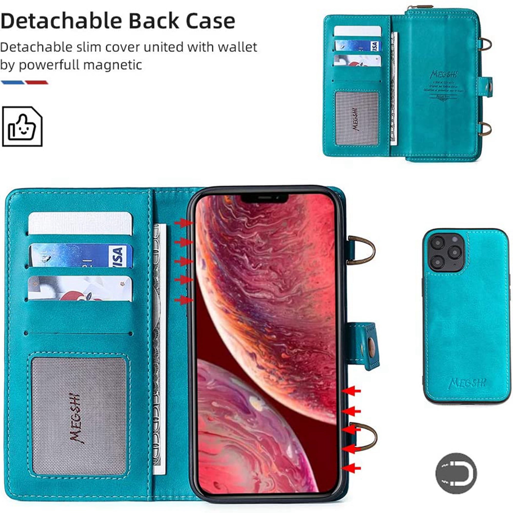 Dteck Wallet Case for iPhone 12 Pro / iPhone 12 6.1-inch, 2 in 1 Magnetic Detachable Wallet Purse [Crossbody Chain] Durable PU Leather Zipper Handbag Folio Flip Card Slot Protection Back Cover, Blue