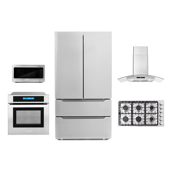 Cosmo 5 Piece Kitchen Package With 30" Gas Cooktop 30" Single Electric Wall Oven 24.4" Countertop Microwave French Door Refrigerator & 24" Built-in Fully Integrated Dishwasher