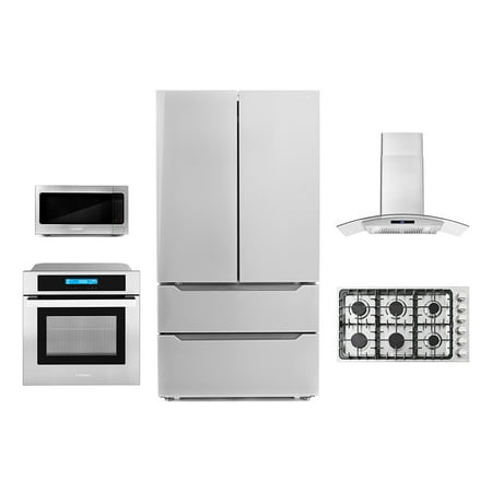 Cosmo 5 Piece Kitchen Package With 30" Gas Cooktop 30" Single Electric Wall Oven 24.4" Countertop Microwave French Door Refrigerator & 24" Built-in Fully Integrated Dishwasher