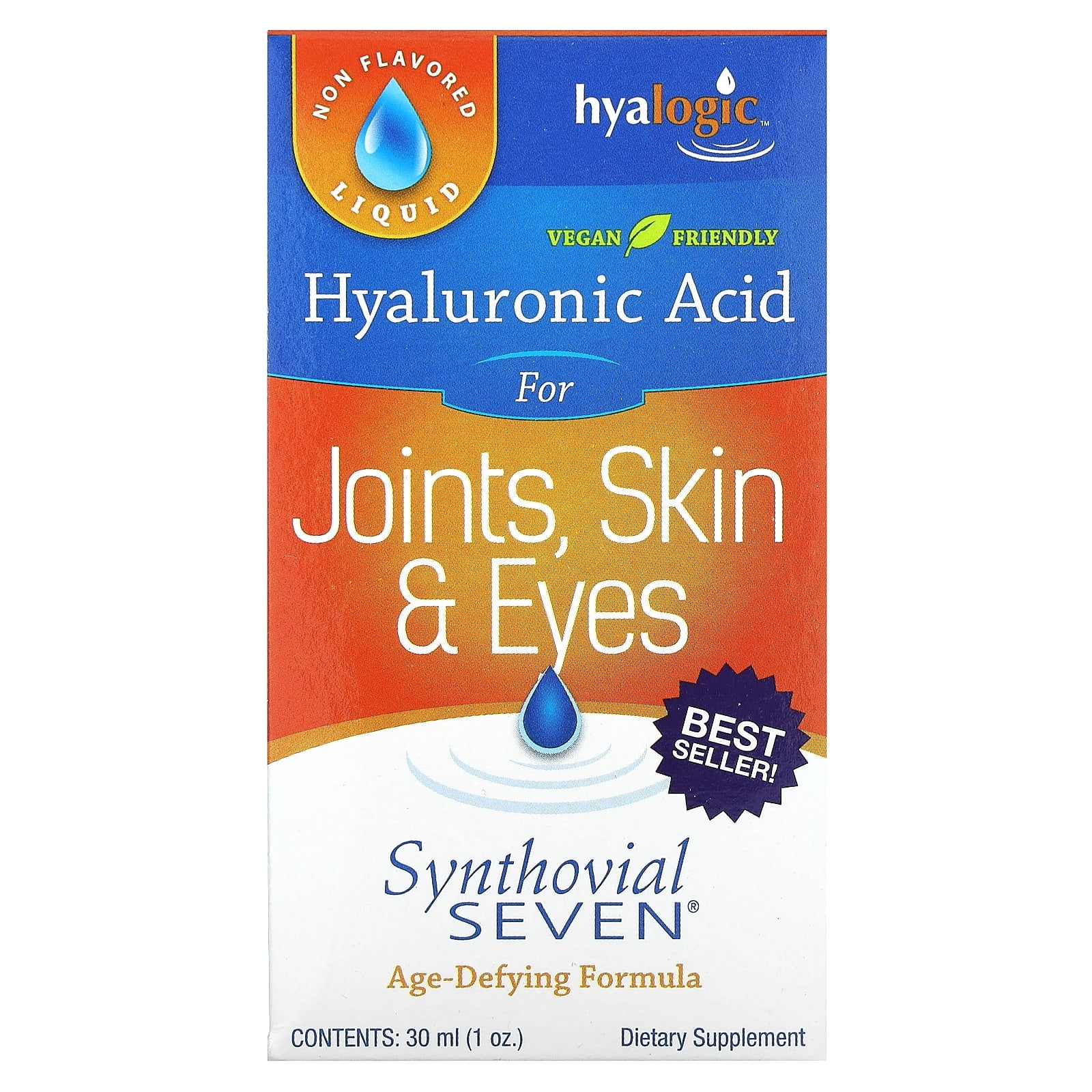 Hyalogic Synthovial Seven Hyaluronic Acid Liquid Form for Skin Care & Joint Support — Vegan Friendly, Gluten Free Oral Supplement — No Artificial Ingredients, High Molecular Weight (1 oz)
