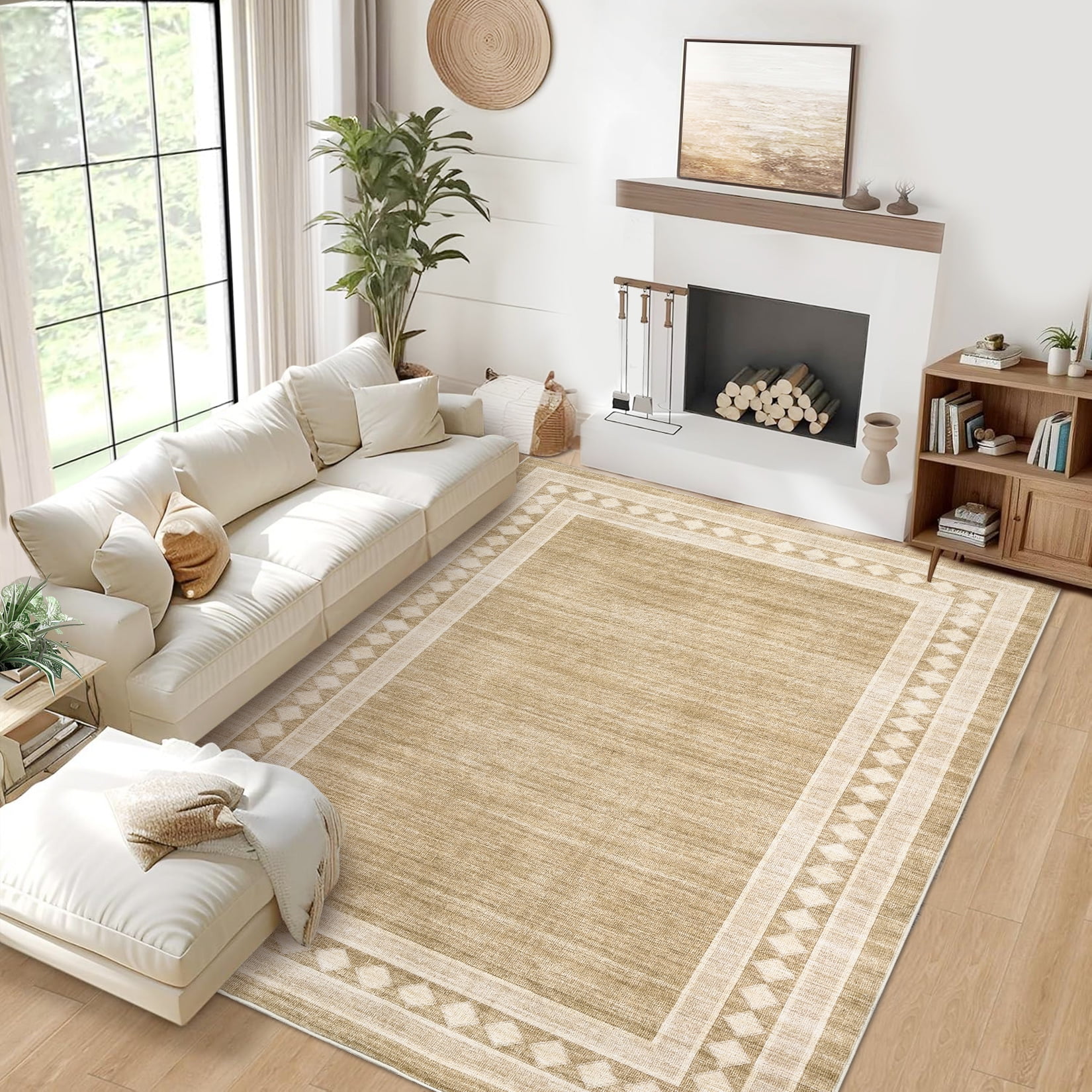 Garvee 9'x12' Modern Area Rug Solid Bordered Rugs, Washable Geometric Neutral Accent Carpet with Non-Slip Backing, Low Pile Stain-Resistant Rug for Living Room Dining Room Home Office, Jute Color