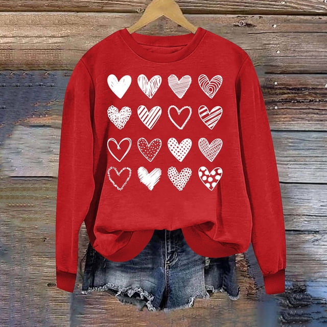 Meichang Sweat-Shirt de la Saint-Valentin pour Femmes Hauts Mignons Sweat-Shirt Graphique Cœur Manches Longues Col Rond Coupe Ample Cadeaux de la Saint-Valentin