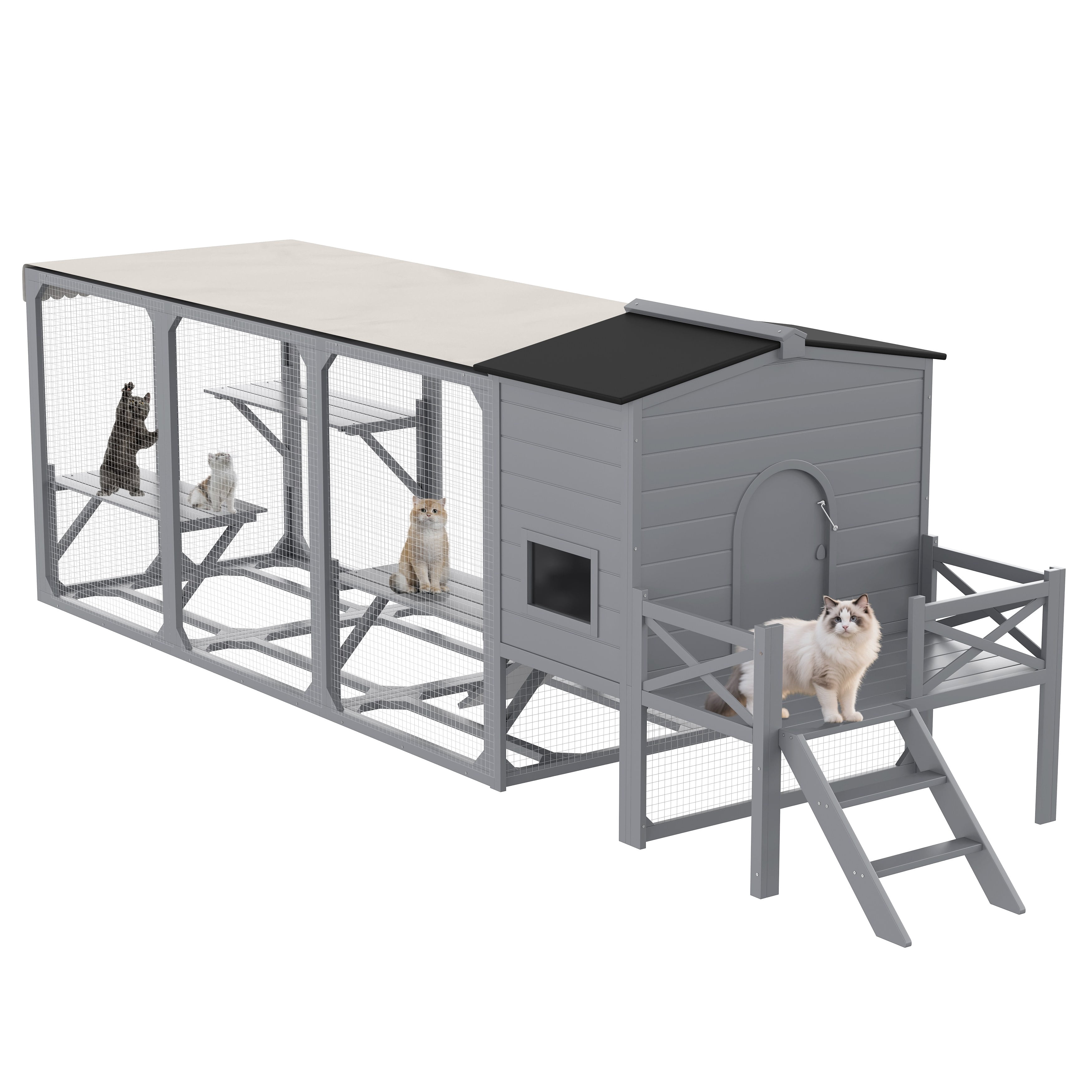 Llinc Store Catio Cat House Outdoor Large Cat Enclosure, Wooden Cat Cage Outdoor with Jumping Platforms and Cat Swing, Removable Waterproof Cover, UV Resistant, 2 Combination, Gray