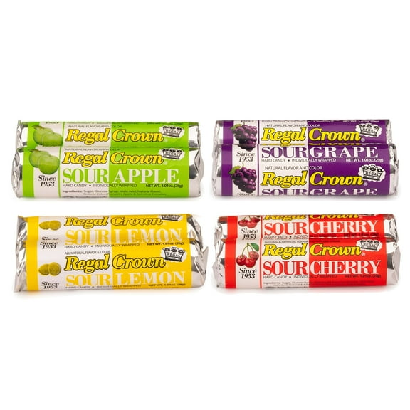 Regal Crown Roll Sour Candy Variety Pack, 1.01 Ounce (Pack of 8), 2 Of Each Flavor - Sour Grape, Sour Apple, Sour Lemon & Sour Cherry, The Hampton Candy Company