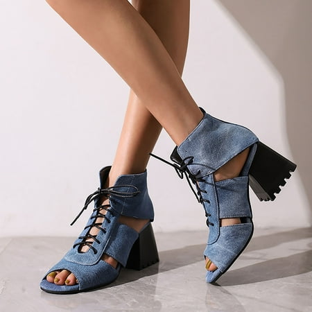 

XIAQUJ Women Bohemian Canvas Lace up Sandals Thick Soled Ethnic Style Wedge Shoes Sandals for Women Blue 7(38)